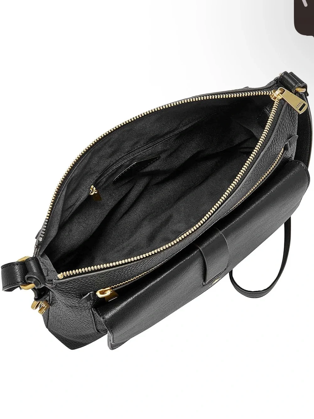 Fossil Black Leather Messenger with Gold Hardware